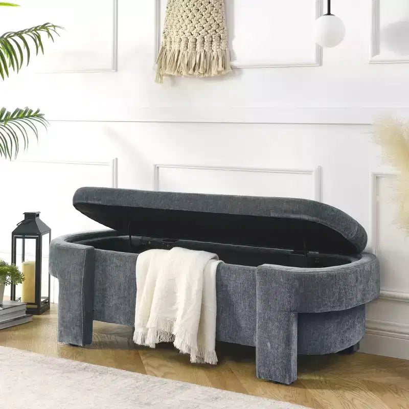 Banc capitonné en tissu de lin CLIHOME avec grand espace de rangement, poufs pour le salon, l'entrée et la chambre à coucher