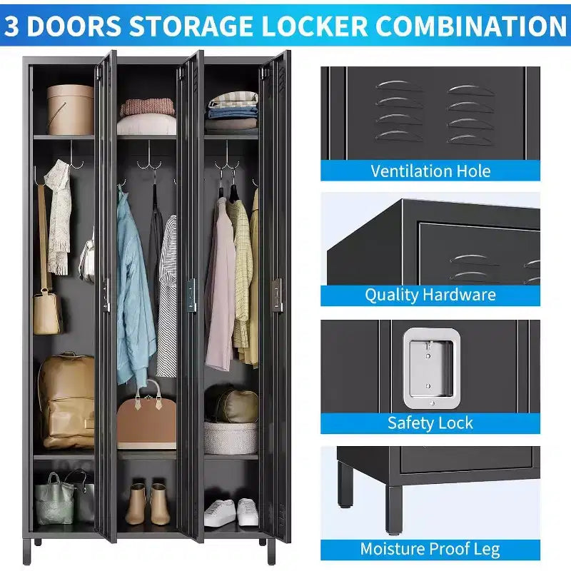 Casier métallique pour employés, armoire de rangement à 3 portes à combinaison, casier métallique en acier pour la maison, le bureau, l'école, la salle de sport, montage requis