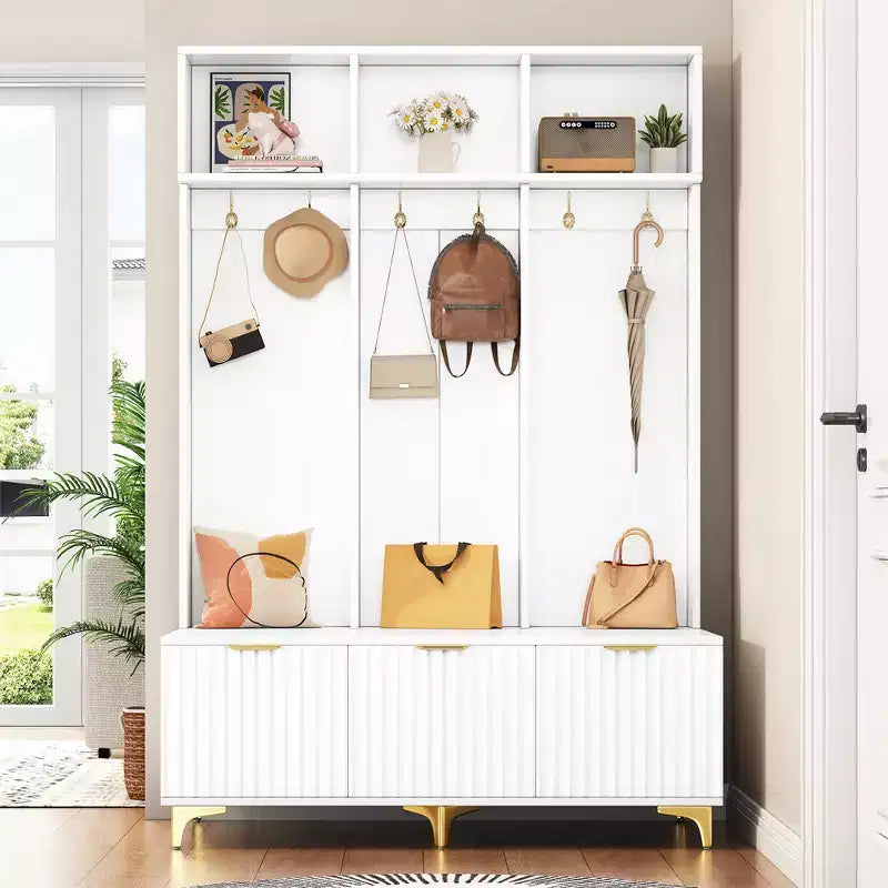 Hall Tree, Entryway Storage Bench with Convenient Bench, 3 Shelves, Shoe Storage Compartments, Coat Rack with 6 Hooks