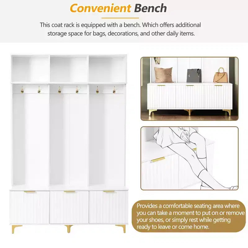 Porte-manteau, banc de rangement d'entrée avec banc pratique, 3 étagères, compartiments de rangement pour chaussures, porte-manteau avec 6 crochets