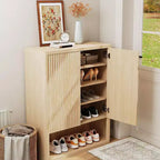 Meuble à chaussures pour entrée, Meuble de rangement à chaussures en bois mince avec portes cannelées et étagères réglables, Porte-chaussures étroit pour couloir, porche, Chêne
