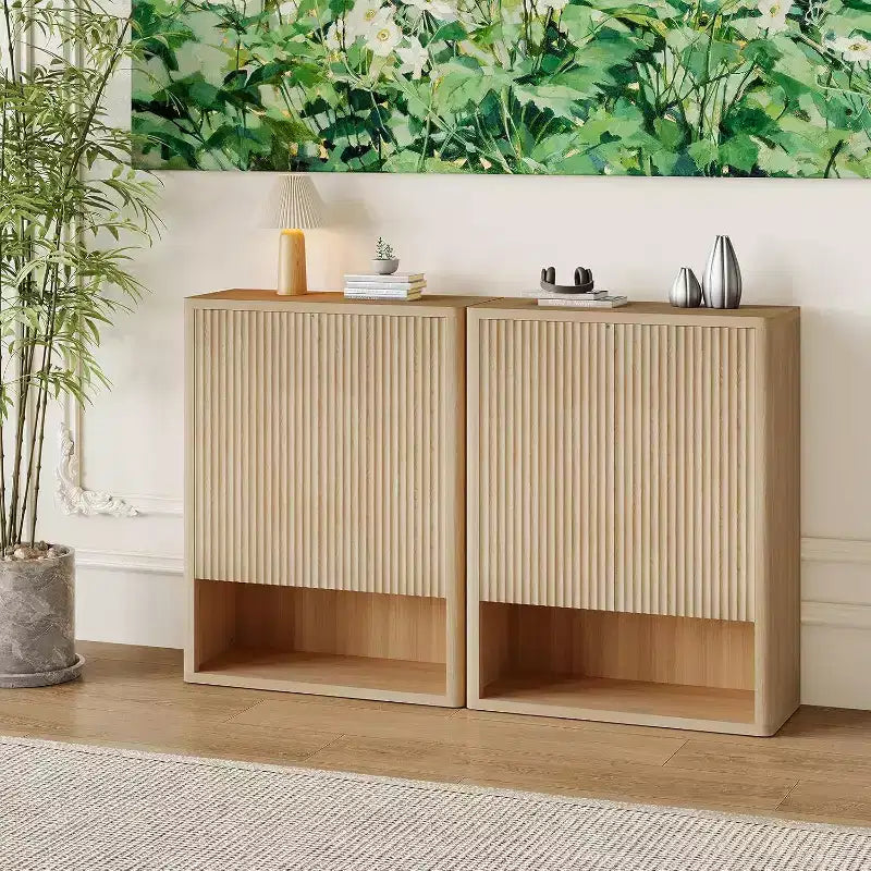 Meuble à chaussures pour entrée, Meuble de rangement à chaussures en bois mince avec portes cannelées et étagères réglables, Porte-chaussures étroit pour couloir, porche, Chêne