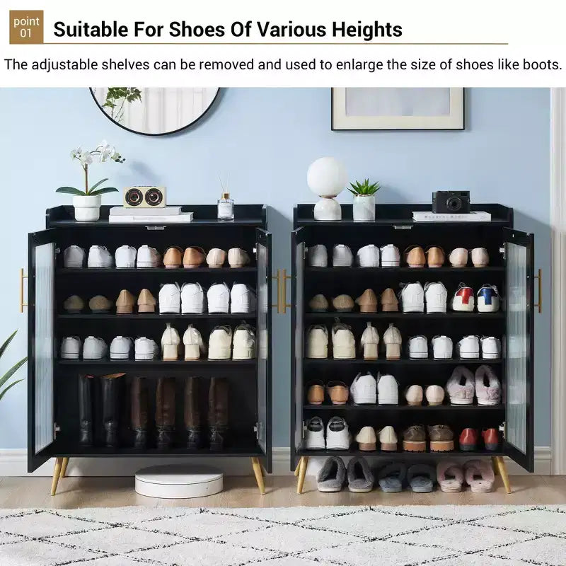 Meuble de rangement pour chaussures à 5 niveaux avec portes en verre, étagère à chaussures en bois, organisateur de chaussures pour entrée, couloir,