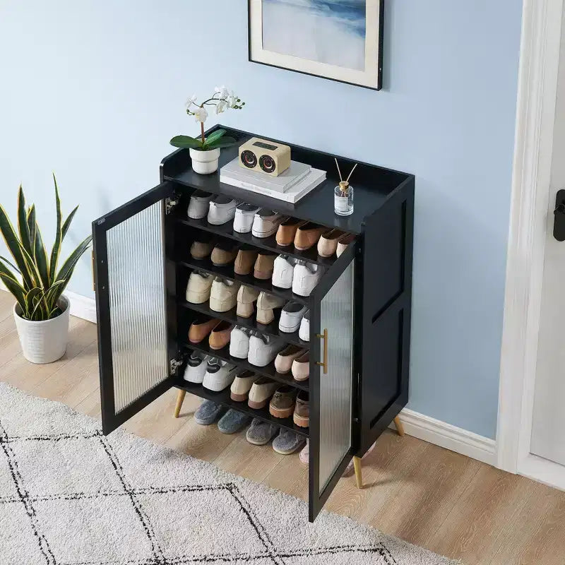 Meuble de rangement pour chaussures à 5 niveaux avec portes en verre, étagère à chaussures en bois, organisateur de chaussures pour entrée, couloir,