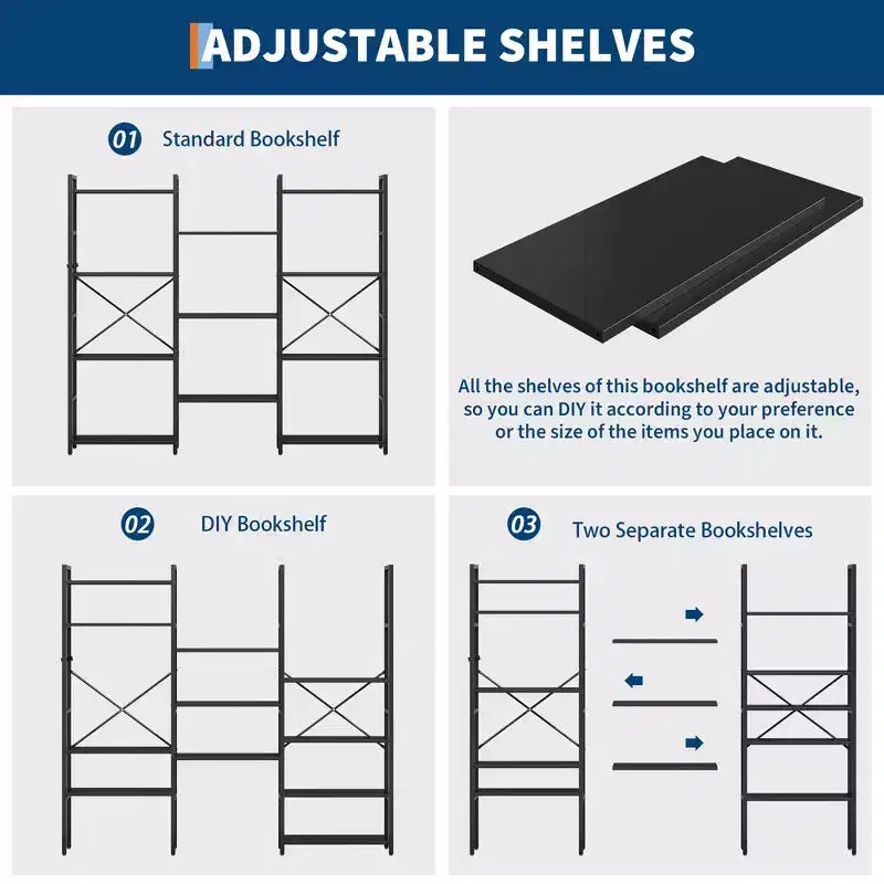 Bibliothèque à étagères réglables de style industriel avec niveaux d'affichage ouverts, adaptée aux salons, maisons et bureaux