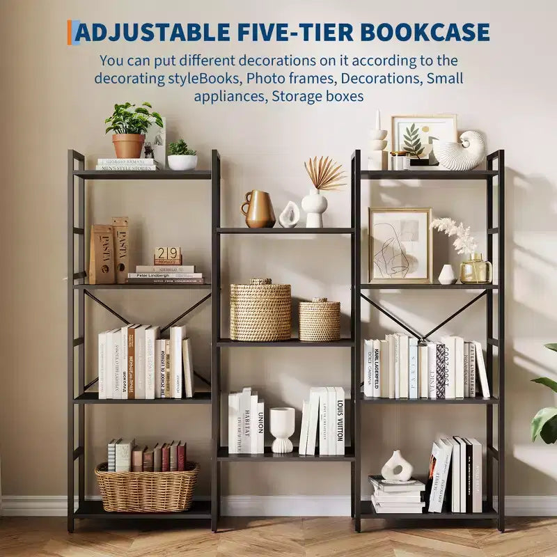 Bibliothèque à étagères réglables de style industriel avec niveaux d'affichage ouverts, adaptée aux salons, maisons et bureaux