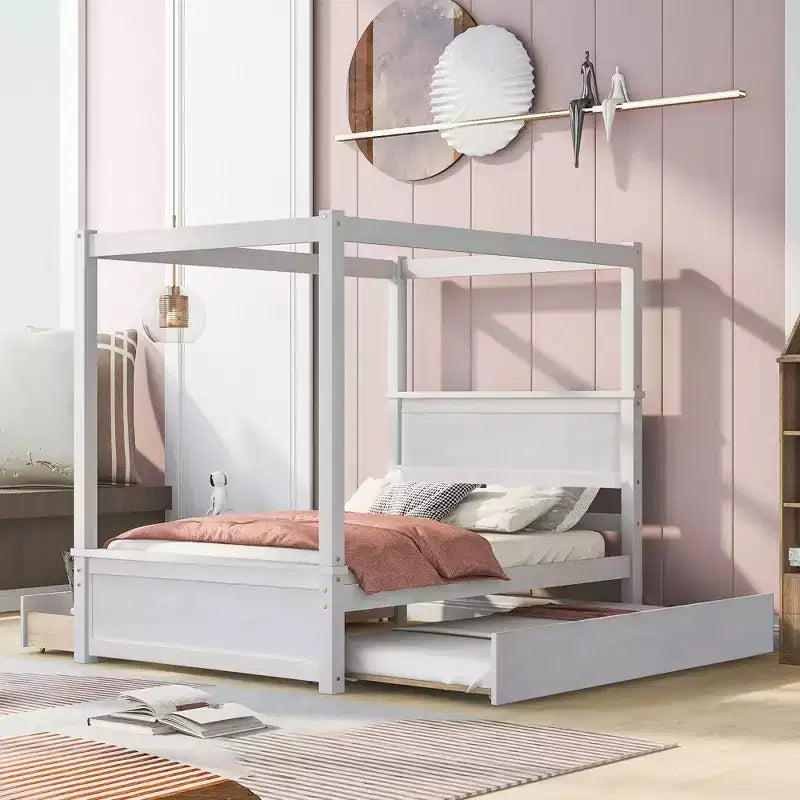 Full Size Canopy Bed Frame with Trundle and 2 Storage Drawers, Wood Full Platform Bed with Headboard, White