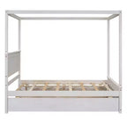 Lit à baldaquin double avec lit gigogne et 2 tiroirs de rangement, lit plateforme double en bois avec tête de lit, blanc