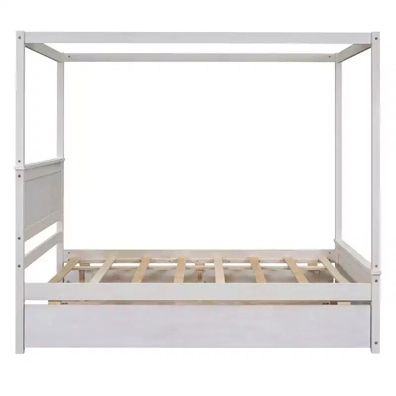 Lit à baldaquin double avec lit gigogne et 2 tiroirs de rangement, lit plateforme double en bois avec tête de lit, blanc