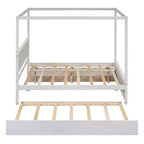 Lit à baldaquin double avec lit gigogne et 2 tiroirs de rangement, lit plateforme double en bois avec tête de lit, blanc