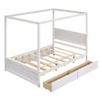 Lit à baldaquin double avec lit gigogne et 2 tiroirs de rangement, lit plateforme double en bois avec tête de lit, blanc