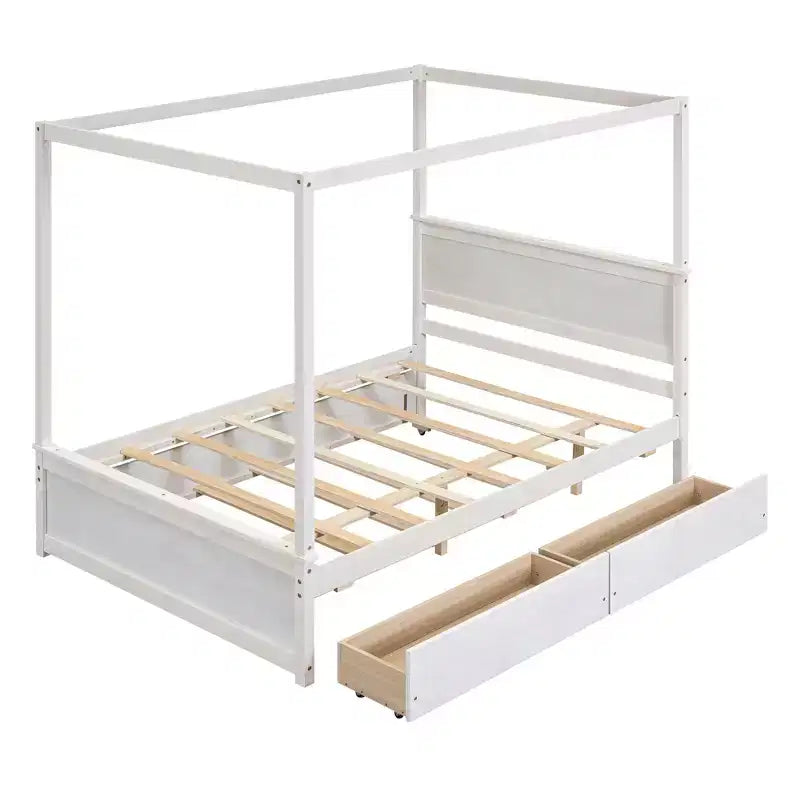 Lit à baldaquin double avec lit gigogne et 2 tiroirs de rangement, lit plateforme double en bois avec tête de lit, blanc