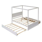 Lit à baldaquin double avec lit gigogne et 2 tiroirs de rangement, lit plateforme double en bois avec tête de lit, blanc