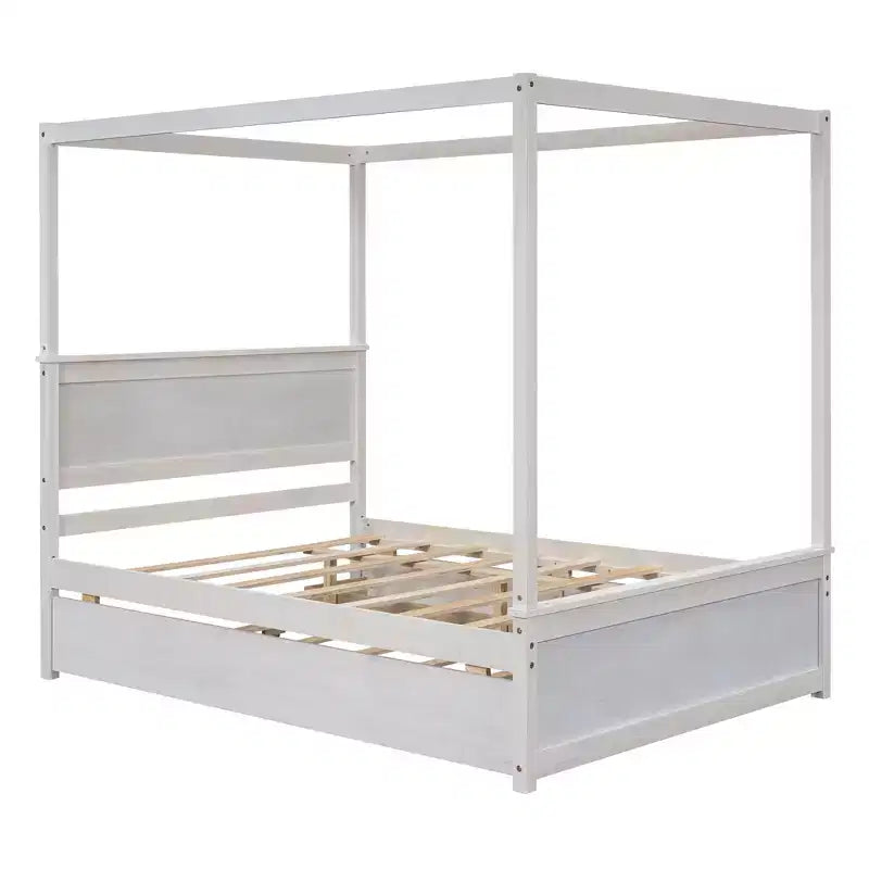 Lit à baldaquin double avec lit gigogne et 2 tiroirs de rangement, lit plateforme double en bois avec tête de lit, blanc