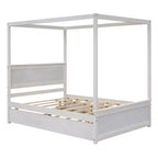 Lit à baldaquin double avec lit gigogne et 2 tiroirs de rangement, lit plateforme double en bois avec tête de lit, blanc