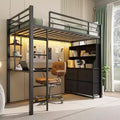 Double loft bed with desk, 4 large fabric drawers and open shelves, equipped with lights, sockets, safety rails and ladder, space-saving