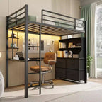 Double loft bed with desk, 4 large fabric drawers and open shelves, equipped with lights, sockets, safety rails and ladder, space-saving