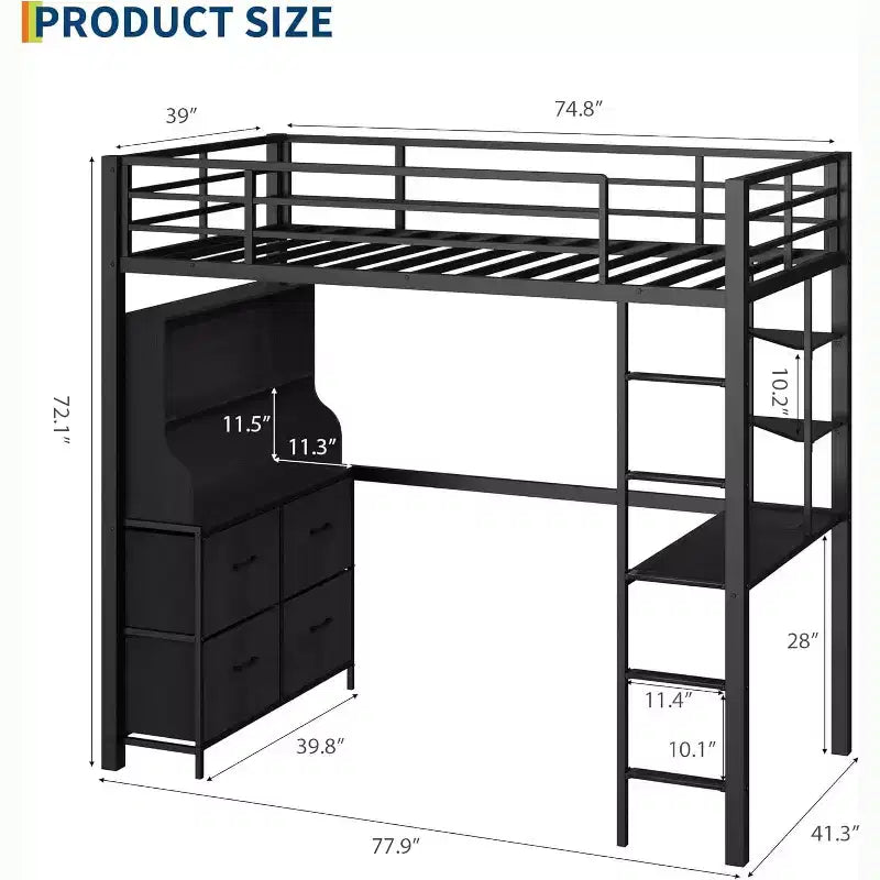 Lit mezzanine double avec bureau, 4 grands tiroirs en tissu et étagères ouvertes, équipé de lumières, de prises, de barrières de sécurité et d'une échelle, peu encombrant