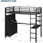 Lit mezzanine double avec bureau, 4 grands tiroirs en tissu et étagères ouvertes, équipé de lumières, de prises, de barrières de sécurité et d'une échelle, peu encombrant