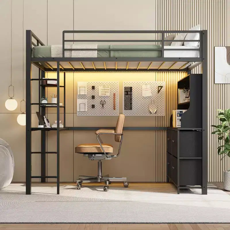 Lit mezzanine double avec bureau, 4 grands tiroirs en tissu et étagères ouvertes, équipé de lumières, de prises, de barrières de sécurité et d'une échelle, peu encombrant