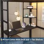 Lit mezzanine double avec bureau, 4 grands tiroirs en tissu et étagères ouvertes, équipé de lumières, de prises, de barrières de sécurité et d'une échelle, peu encombrant