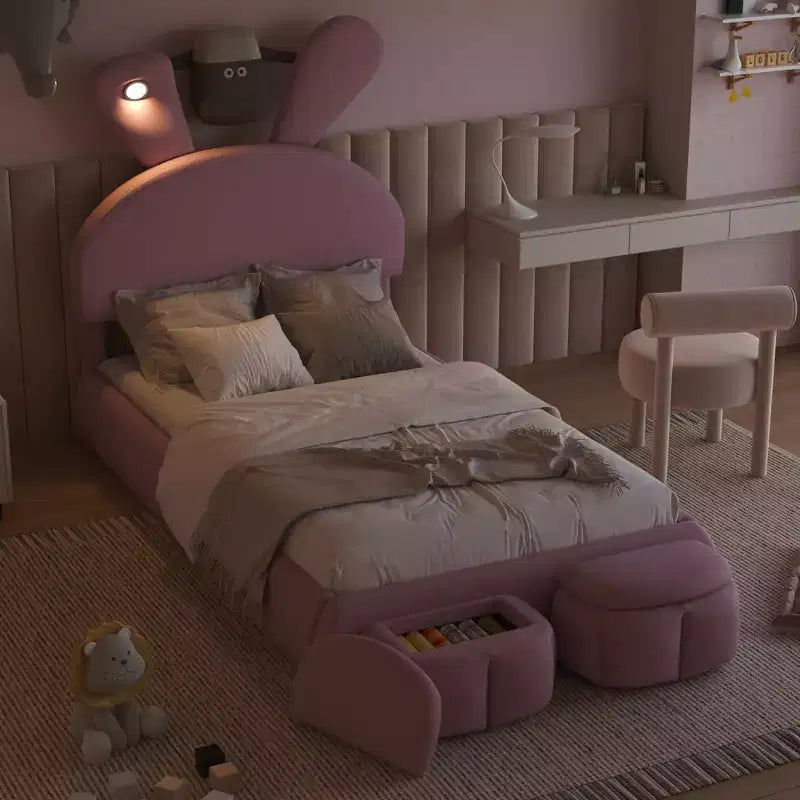 Twin Size Upholstered Platform Bed Frame for Kids, Wooden Bedframe with Cartoon Ears Shaped Headboard and Light, Pink