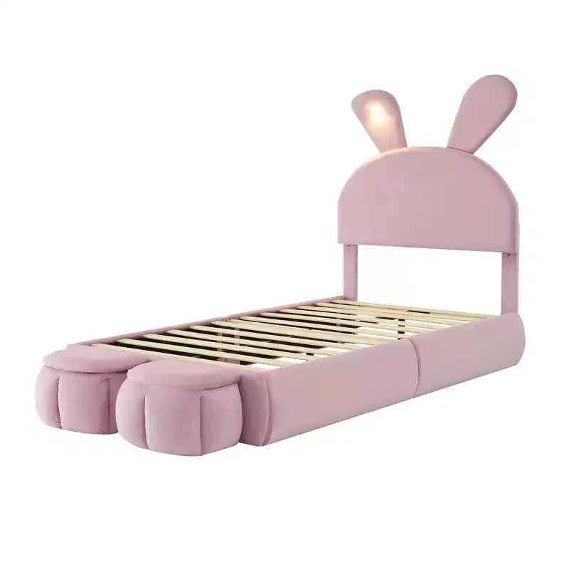 Cadre de lit plateforme rembourré simple pour enfants, cadre de lit en bois avec tête de lit en forme d'oreilles de dessin animé et lumière, rose