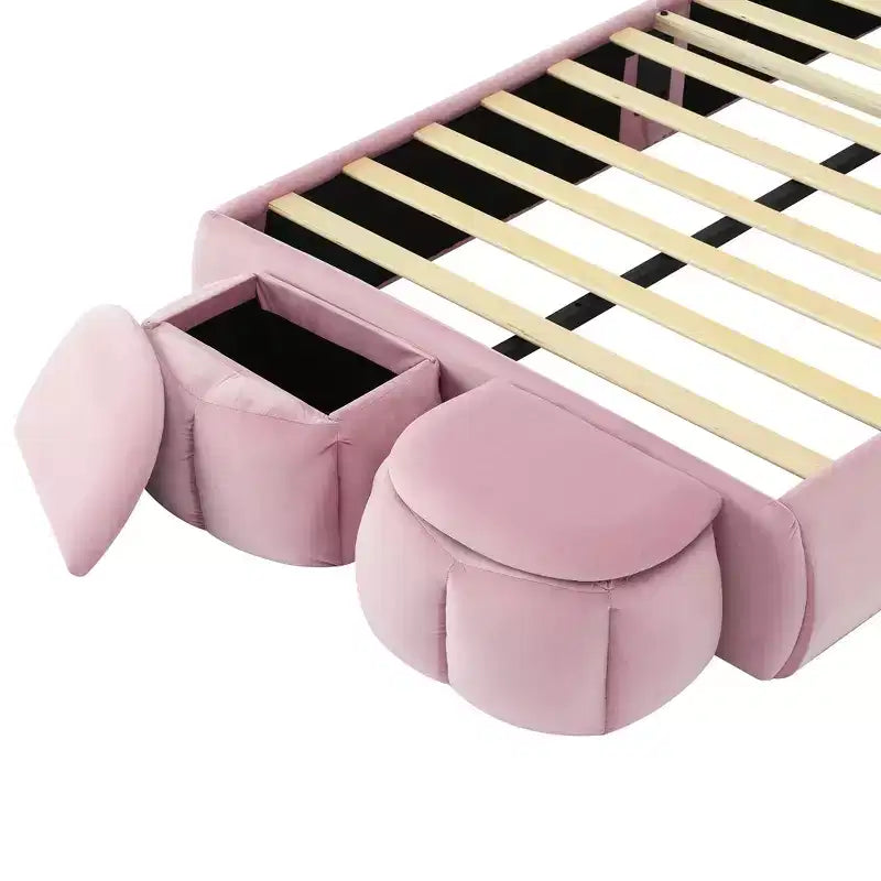 Cadre de lit plateforme rembourré simple pour enfants, cadre de lit en bois avec tête de lit en forme d'oreilles de dessin animé et lumière, rose