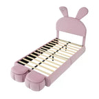 Cadre de lit plateforme rembourré simple pour enfants, cadre de lit en bois avec tête de lit en forme d'oreilles de dessin animé et lumière, rose