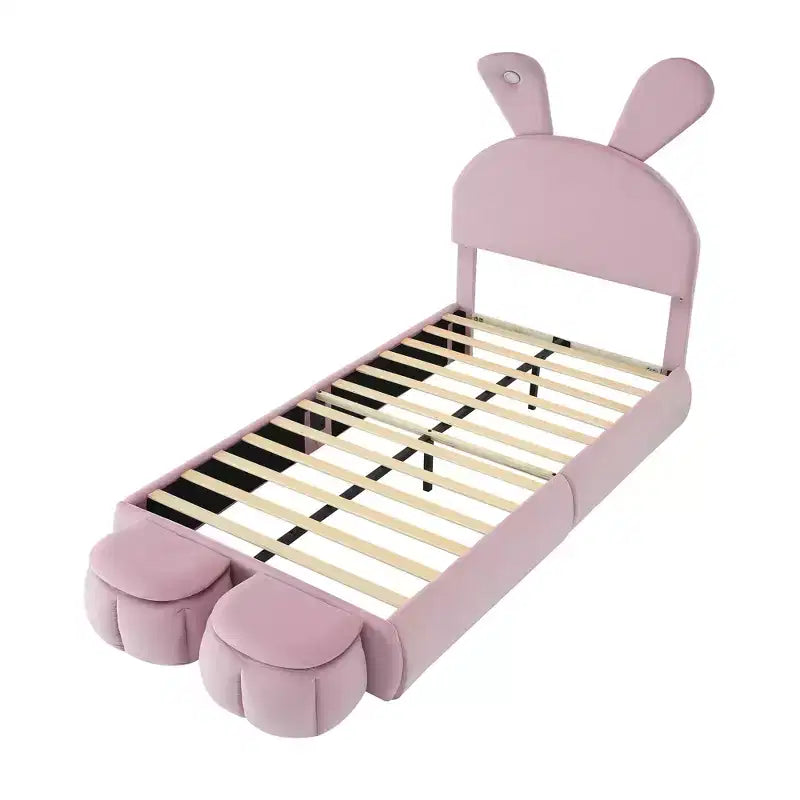 Cadre de lit plateforme rembourré simple pour enfants, cadre de lit en bois avec tête de lit en forme d'oreilles de dessin animé et lumière, rose