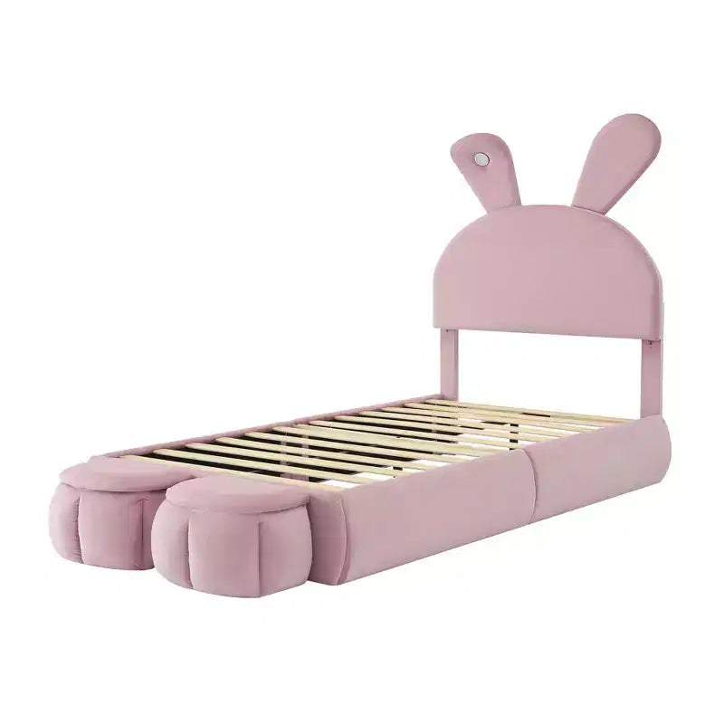 Cadre de lit plateforme rembourré simple pour enfants, cadre de lit en bois avec tête de lit en forme d'oreilles de dessin animé et lumière, rose