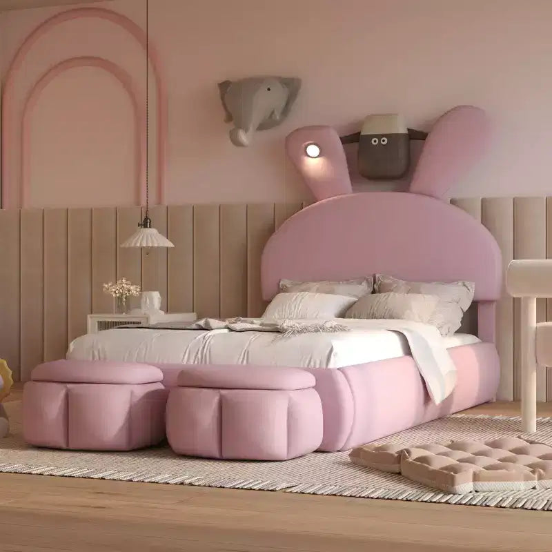 Cadre de lit plateforme rembourré simple pour enfants, cadre de lit en bois avec tête de lit en forme d'oreilles de dessin animé et lumière, rose