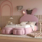 Cadre de lit plateforme rembourré simple pour enfants, cadre de lit en bois avec tête de lit en forme d'oreilles de dessin animé et lumière, rose