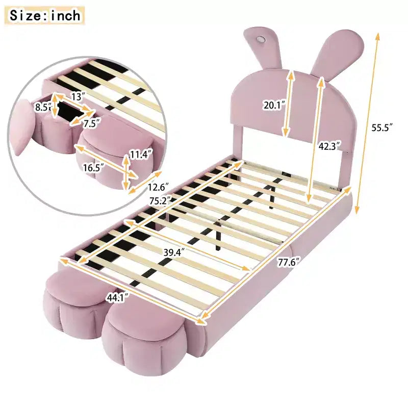 Cadre de lit plateforme rembourré simple pour enfants, cadre de lit en bois avec tête de lit en forme d'oreilles de dessin animé et lumière, rose