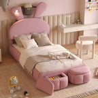 Cadre de lit plateforme rembourré simple pour enfants, cadre de lit en bois avec tête de lit en forme d'oreilles de dessin animé et lumière, rose