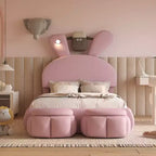 Cadre de lit plateforme rembourré simple pour enfants, cadre de lit en bois avec tête de lit en forme d'oreilles de dessin animé et lumière, rose