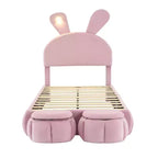 Cadre de lit plateforme rembourré simple pour enfants, cadre de lit en bois avec tête de lit en forme d'oreilles de dessin animé et lumière, rose