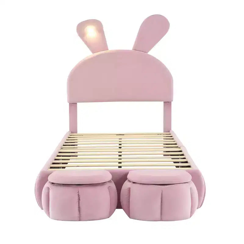 Cadre de lit plateforme rembourré simple pour enfants, cadre de lit en bois avec tête de lit en forme d'oreilles de dessin animé et lumière, rose