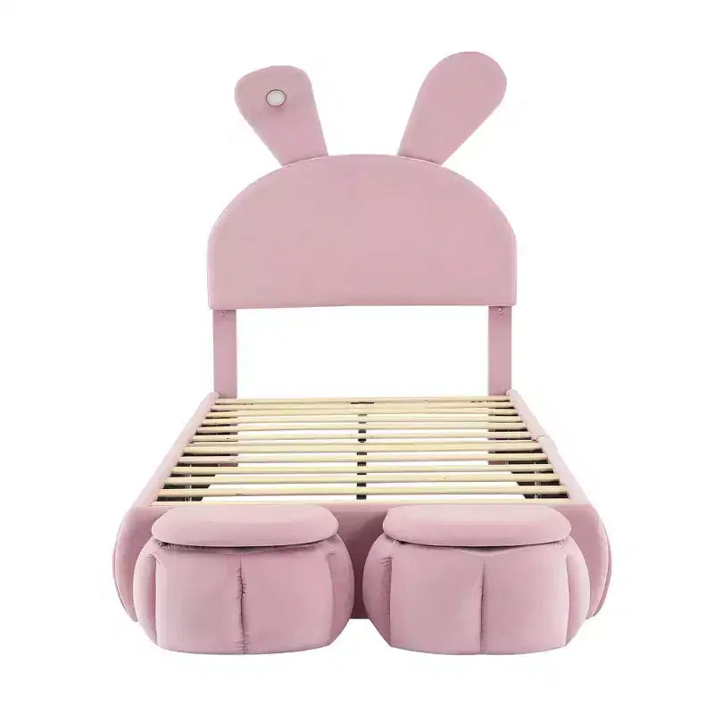 Cadre de lit plateforme rembourré simple pour enfants, cadre de lit en bois avec tête de lit en forme d'oreilles de dessin animé et lumière, rose