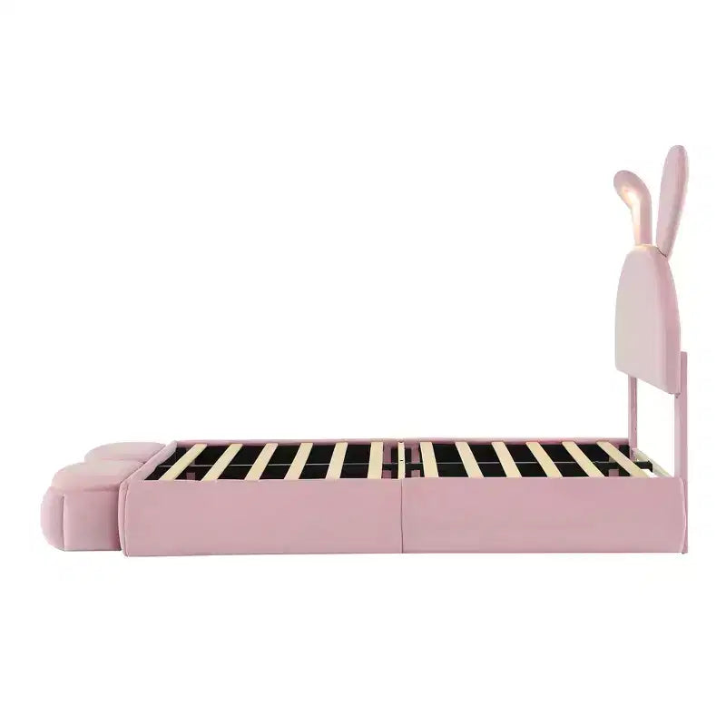 Cadre de lit plateforme rembourré simple pour enfants, cadre de lit en bois avec tête de lit en forme d'oreilles de dessin animé et lumière, rose