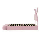 Cadre de lit plateforme rembourré simple pour enfants, cadre de lit en bois avec tête de lit en forme d'oreilles de dessin animé et lumière, rose