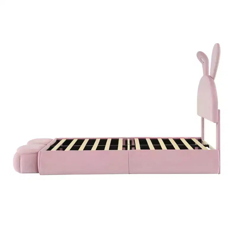 Cadre de lit plateforme rembourré simple pour enfants, cadre de lit en bois avec tête de lit en forme d'oreilles de dessin animé et lumière, rose