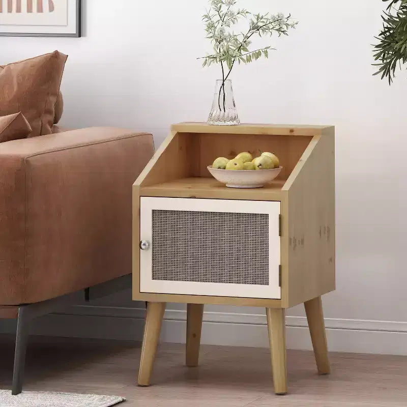 Table d'appoint moderne Okak avec étagère de rangement et tiroir, table d'appoint avec pieds robustes, table de canapé pour le côté du canapé, salon, chambre à coucher, naturel+blanc