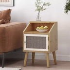 Table d'appoint moderne Okak avec étagère de rangement et tiroir, table d'appoint avec pieds robustes, table de canapé pour le côté du canapé, salon, chambre à coucher, naturel+blanc