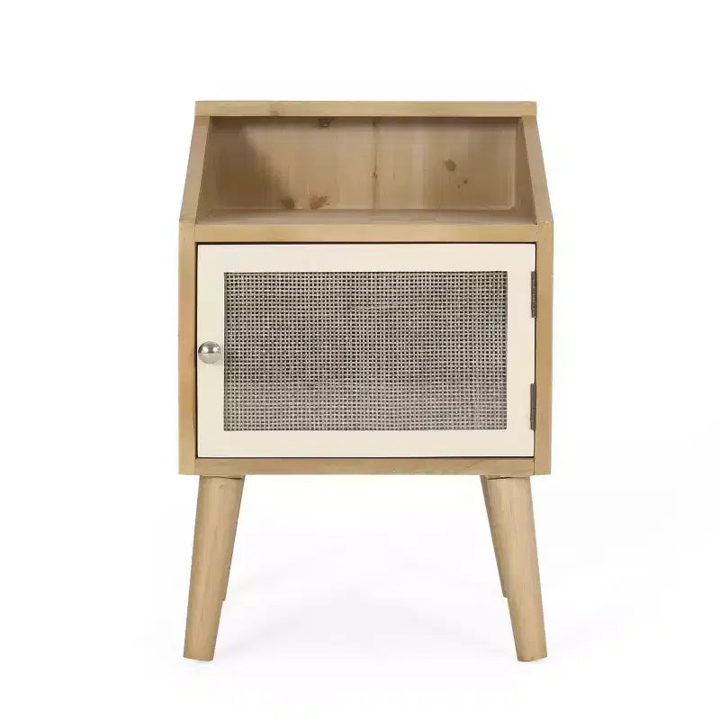 Table d'appoint moderne Okak avec étagère de rangement et tiroir, table d'appoint avec pieds robustes, table de canapé pour le côté du canapé, salon, chambre à coucher, naturel+blanc