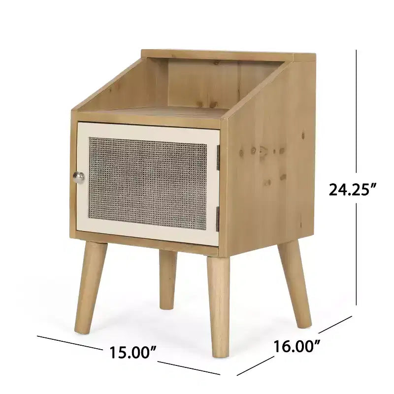 Table d'appoint moderne Okak avec étagère de rangement et tiroir, table d'appoint avec pieds robustes, table de canapé pour le côté du canapé, salon, chambre à coucher, naturel+blanc