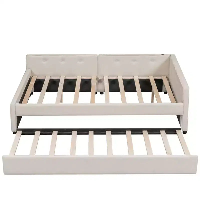 Lit de repos rembourré avec lit gigogne et port USB, canapé-lit en bois avec tête de lit en L pour enfants, adolescents et adultes, beige