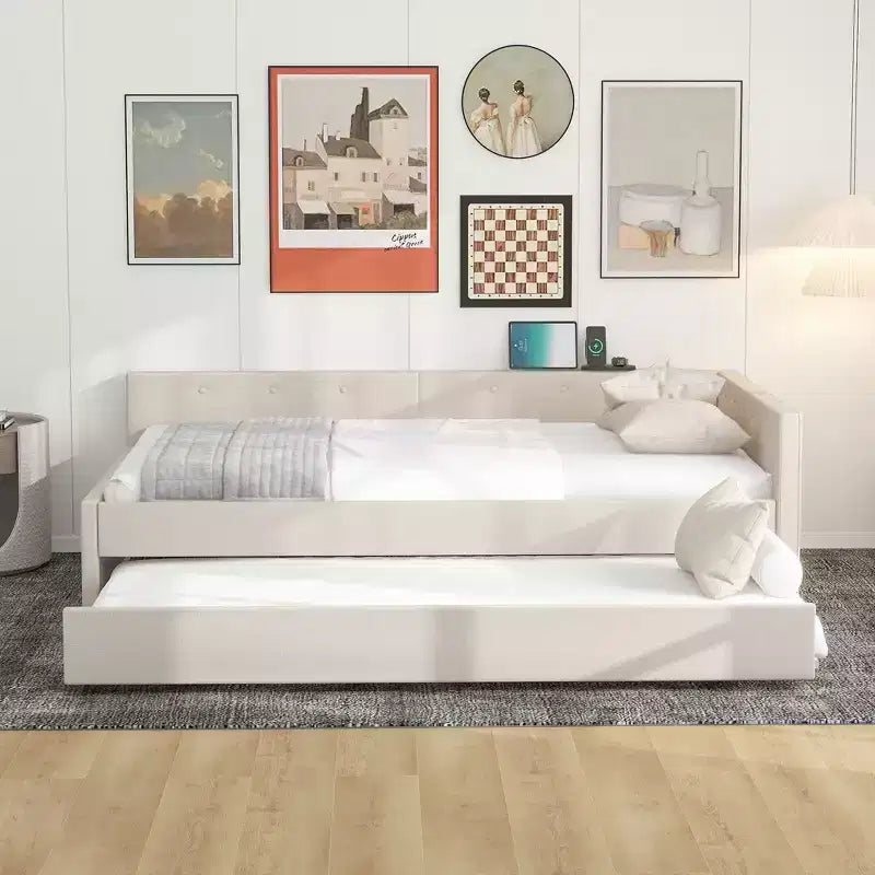 Lit de repos rembourré avec lit gigogne et port USB, canapé-lit en bois avec tête de lit en L pour enfants, adolescents et adultes, beige