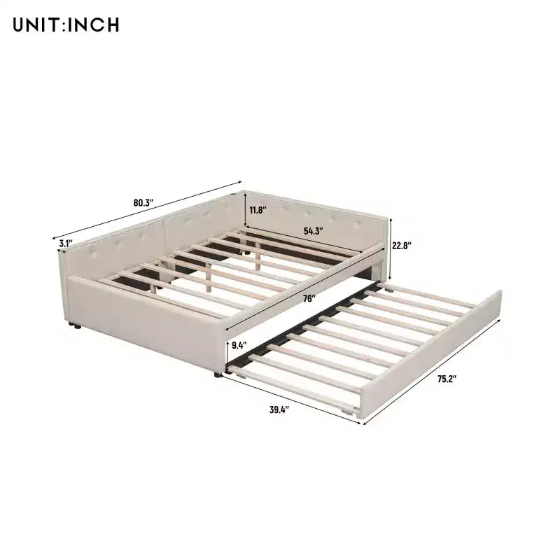 Lit de repos rembourré avec lit gigogne et port USB, canapé-lit en bois avec tête de lit en L pour enfants, adolescents et adultes, beige