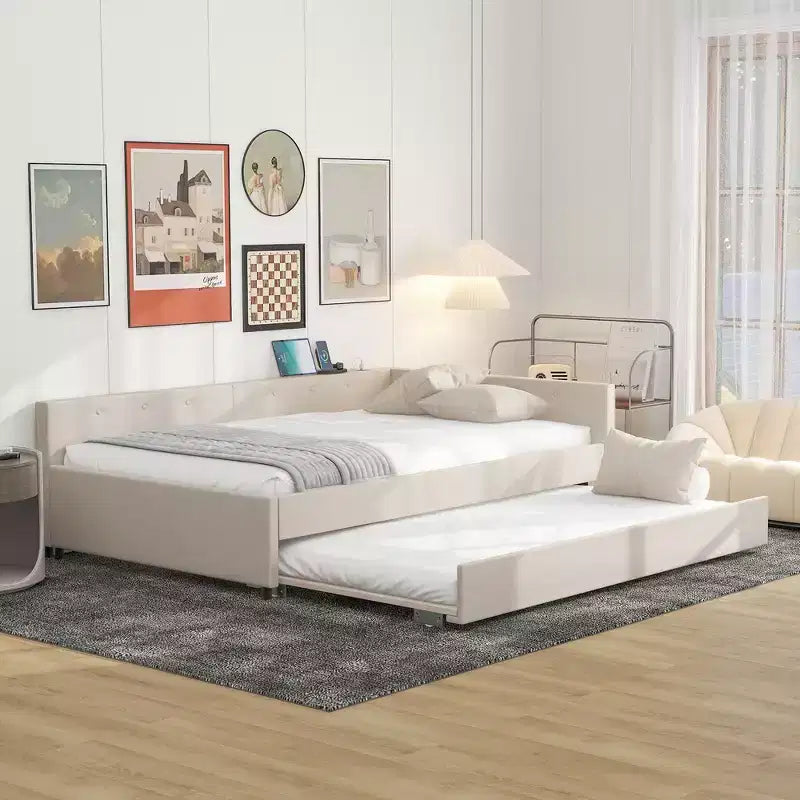 Lit de repos rembourré avec lit gigogne et port USB, canapé-lit en bois avec tête de lit en L pour enfants, adolescents et adultes, beige